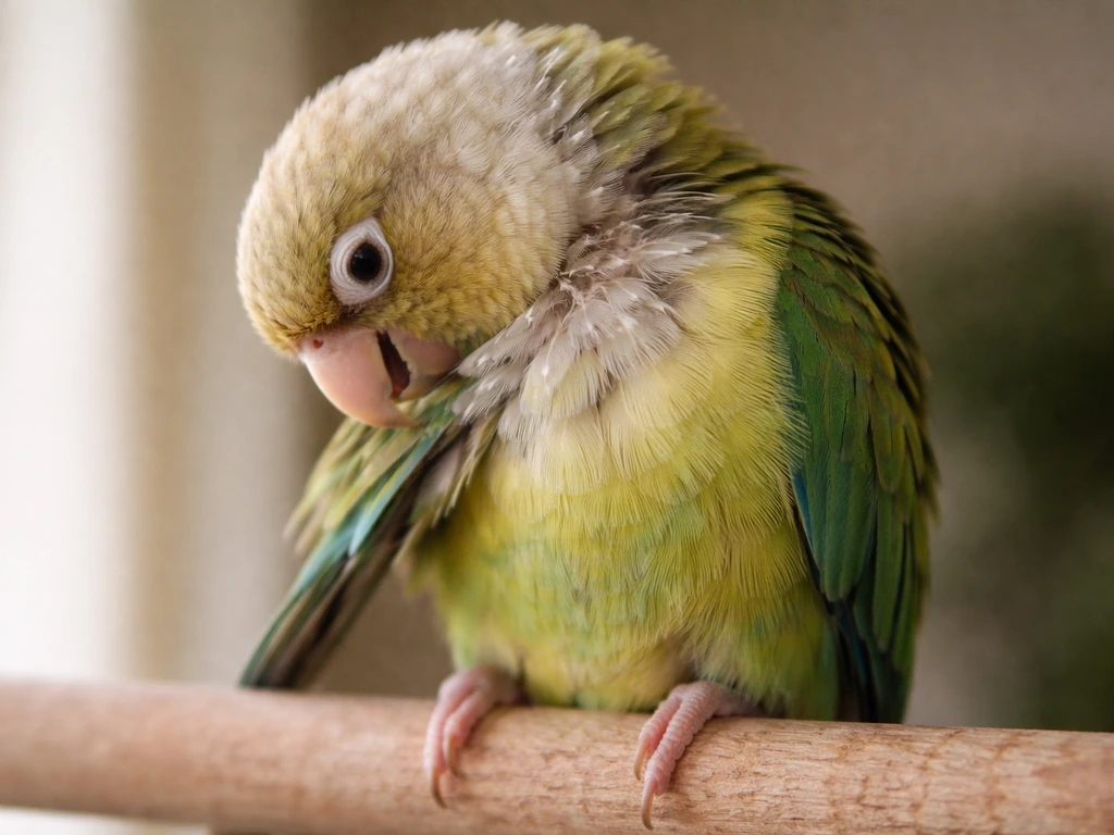 Small parrot gently preening around visible pin feathers on its wing, calm molt behavior.
