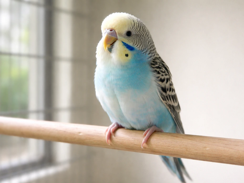 Small pet bird perched, showing tail-bobbing posture suggesting labored breathing