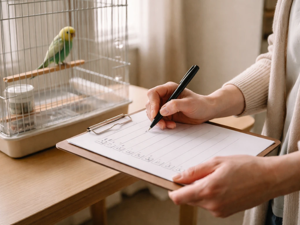 Caregiver marking a clipboard checklist beside a bird cage in a softly lit home.