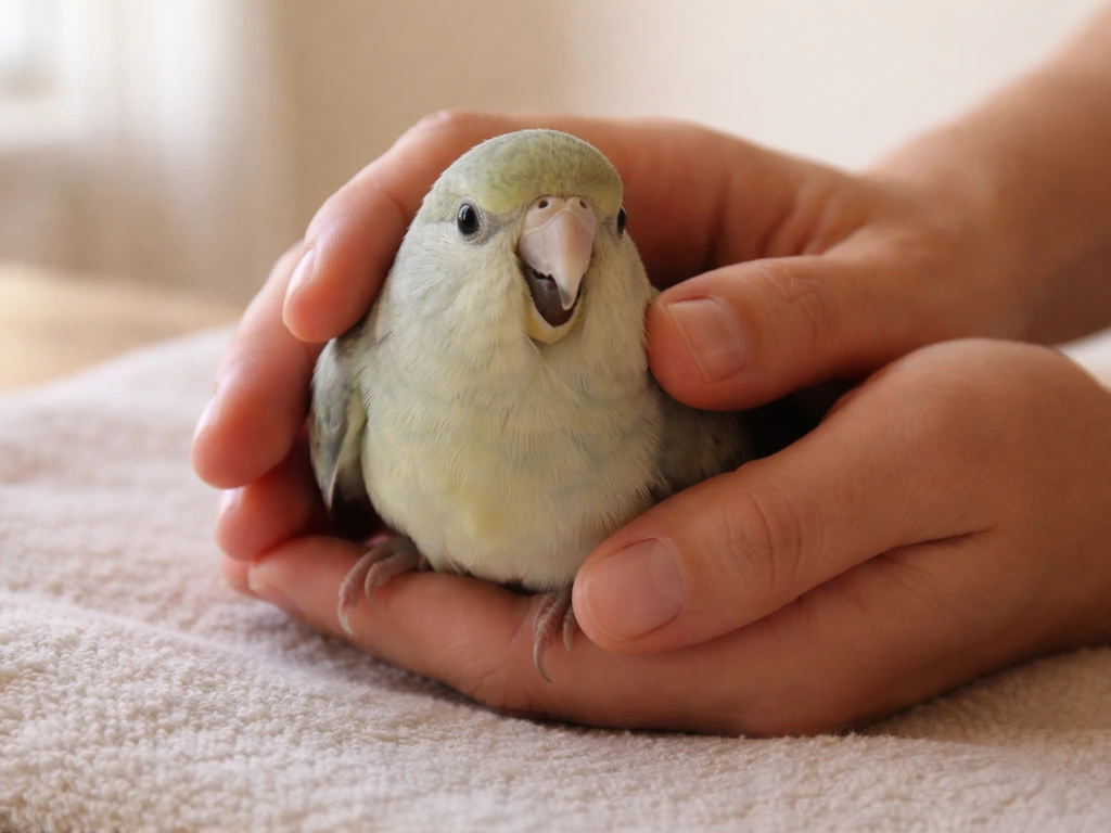 Small pet bird with subtle open-mouth breathing and tail-bobbing in a warm, quiet exam holding setup.