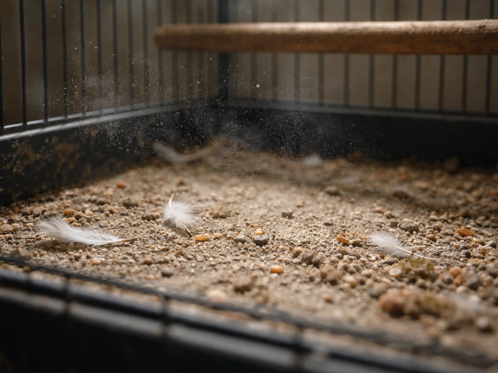 Close-up of a dirty bird cage with dusty litter and scattered feathers, suggesting respiratory irritation risk.