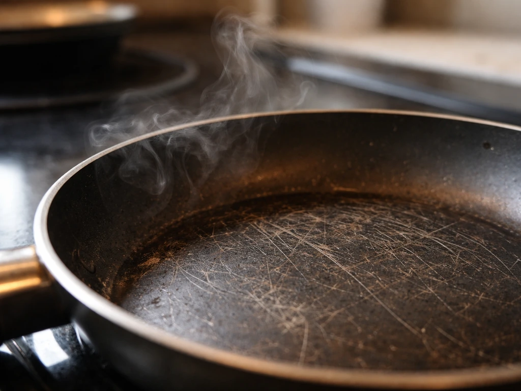 Close-up of a non-stick PTFE pan on a stovetop with faint steam to suggest fumes risk.