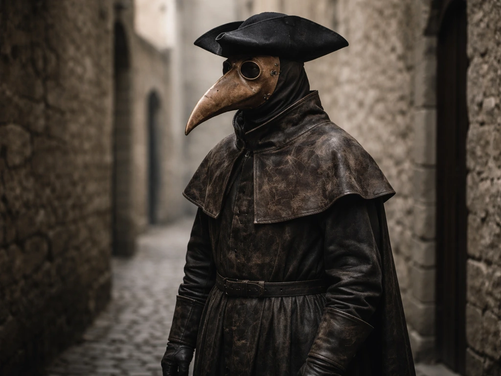 17th-century plague physician in long beaked respirator and waxed robe standing in a dim alley