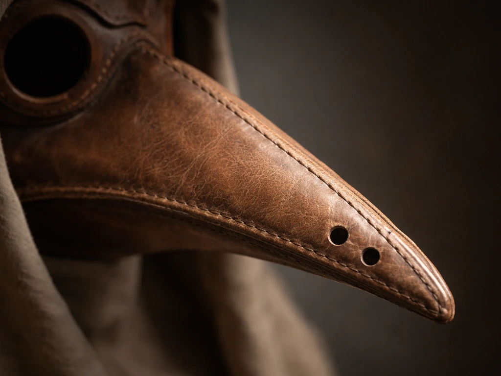 Close-up of a long tapered beak on a waxed mask with two small intake holes and visible inner compartment.