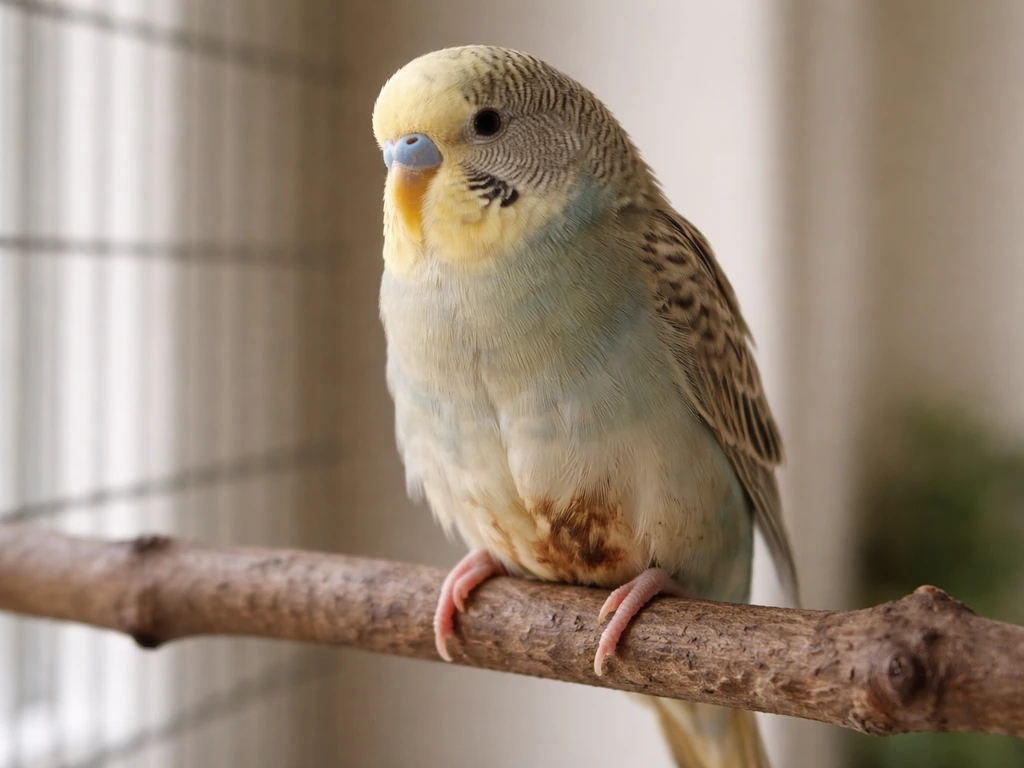 Small pet bird on a clean perch with brown feather discoloration and mild vent staining indoors.
