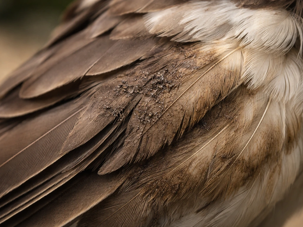 Macro close-up of grimy, dull brown bird feathers showing stained texture details.