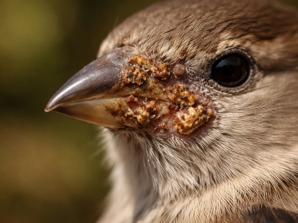 Close-up of a bird’s beak edge with small brown scabs and crusty skin lesions