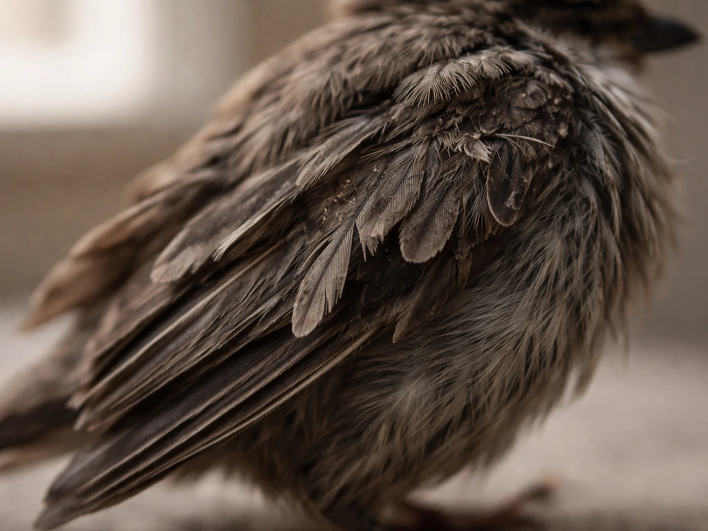 Close-up of rough, damaged bird feathers with slight debris, suggesting ectoparasite irritation.