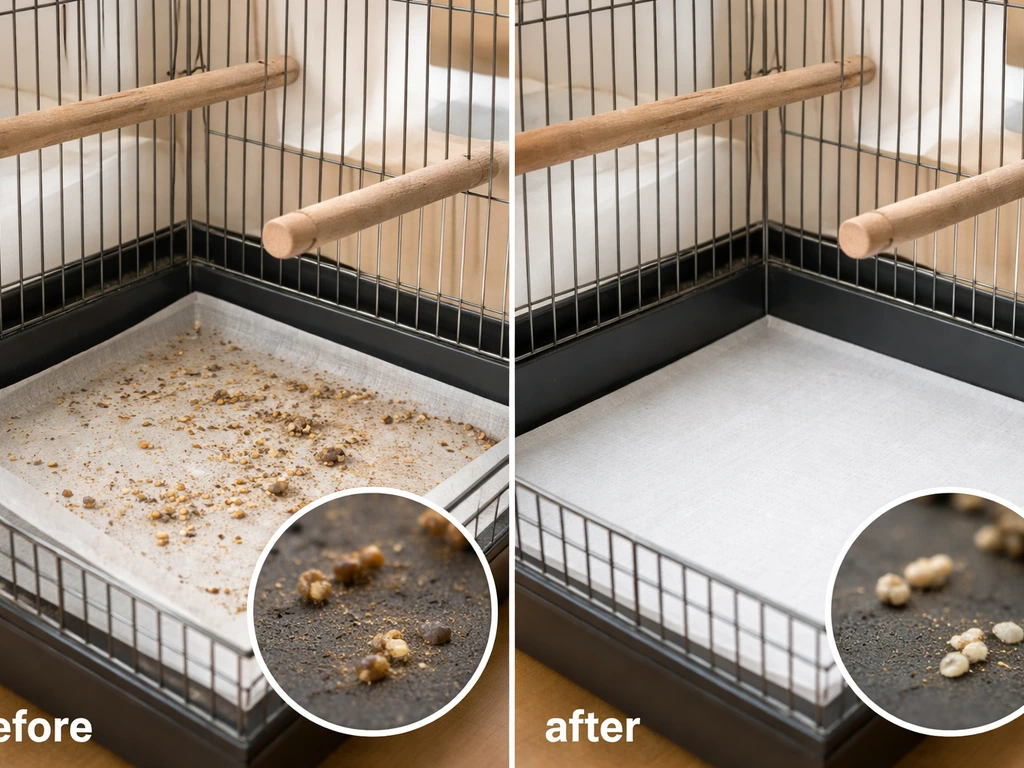 Before-and-after close-up of a bird cage corner with liner removed, cleaned surfaces, and fresh liner added.