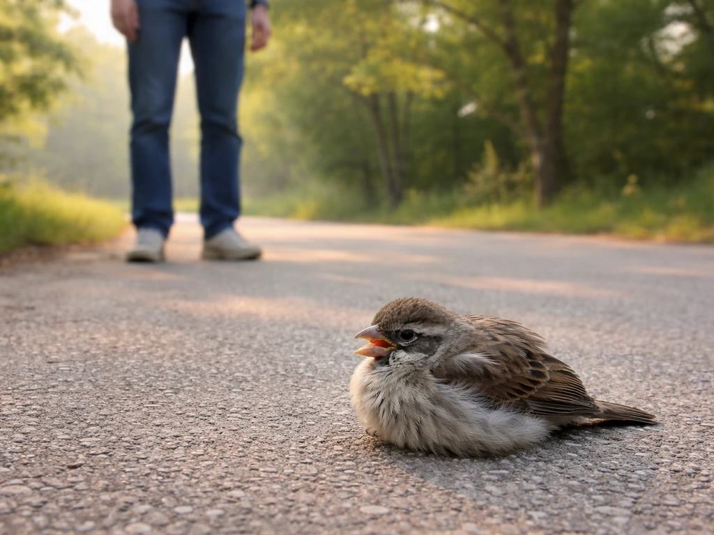 Fluffed wild bird on a park path while a person stands back to triage safely.