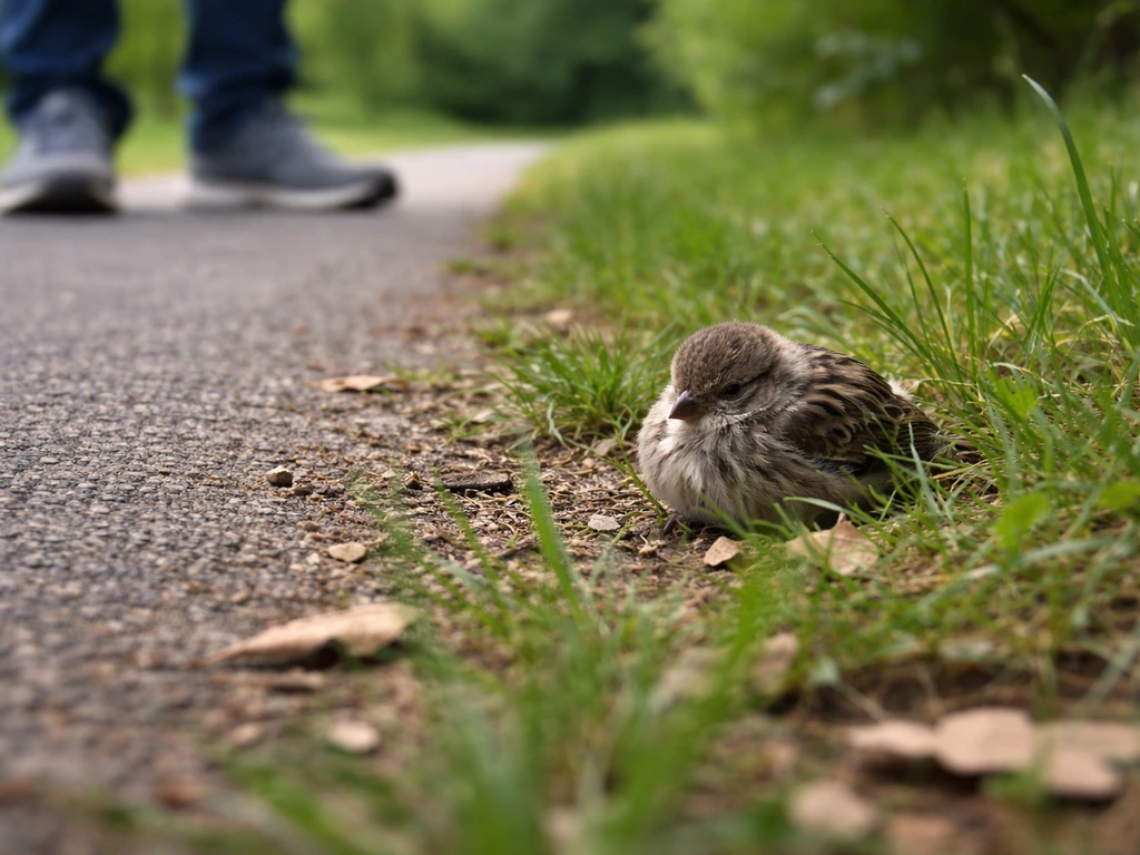 A small wild bird resting on the ground while an observer stands far away, watching without approaching.