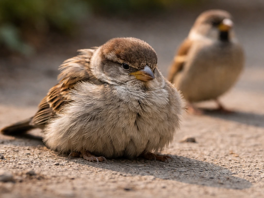 Daylight close-up of a small bird dozing with fluffed feathers, showing disorientation with an alert bird nearby