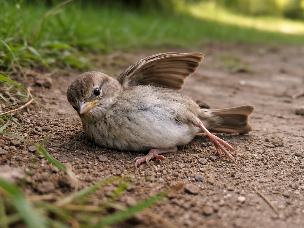 Wild bird stumbling on uneven ground, unable to stand upright or maintain balance.