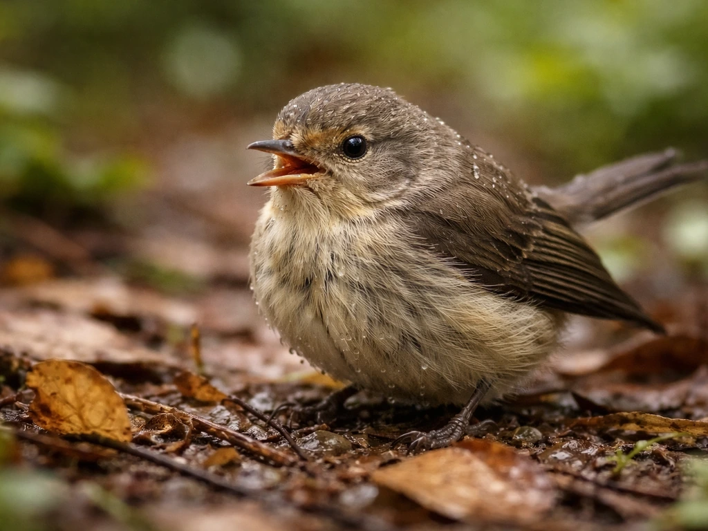 Small wild bird perched outdoors with beak slightly open and subtle tail bobbing while breathing.