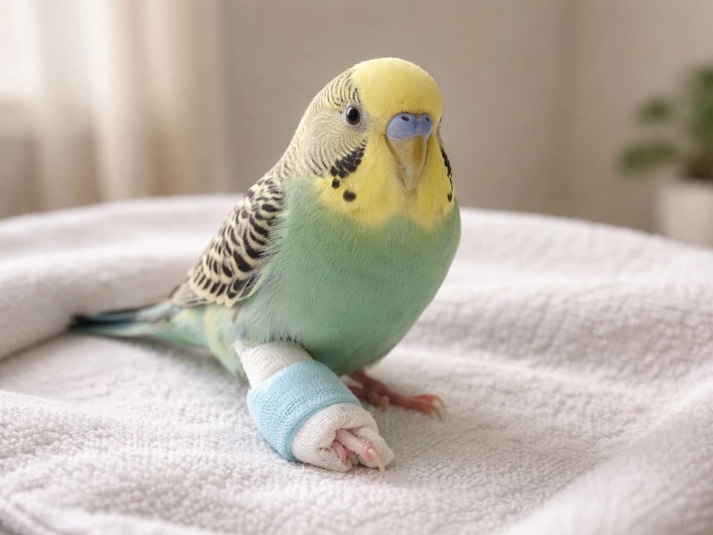 A small bird in a clean recovery setup with a gently wrapped, supported immobilized leg