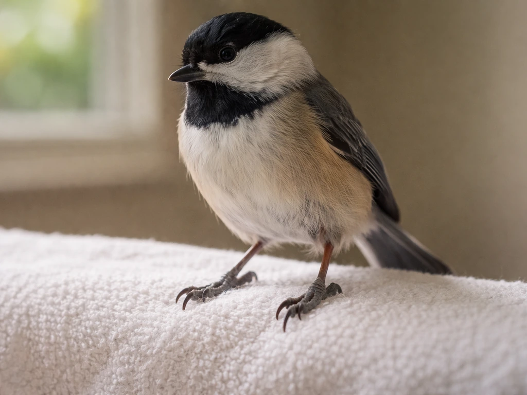 Close-up of a small bird standing with subtle leg swelling and uneven weight shift, no fracture visible.