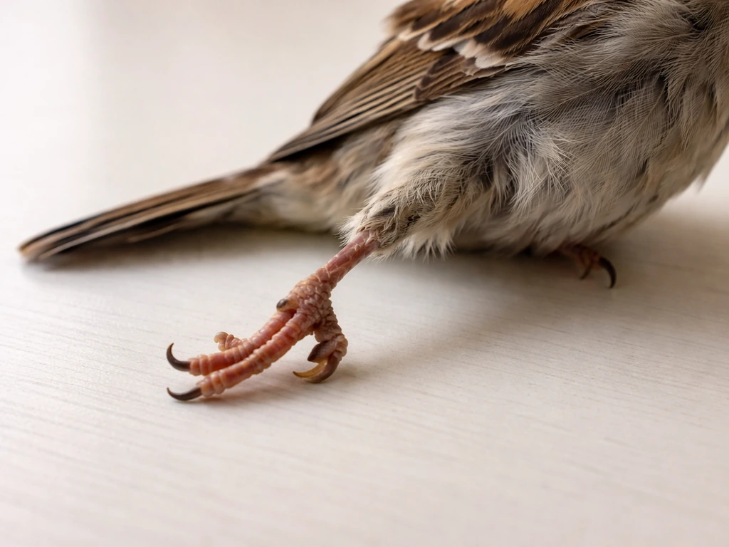 Close-up of a bird’s injured leg hanging awkwardly at an unnatural angle.