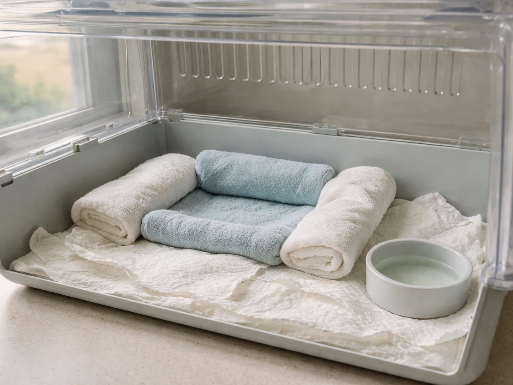 Small hospital-style bird recovery setup with soft bedding and low, secure perches to prevent jumping.