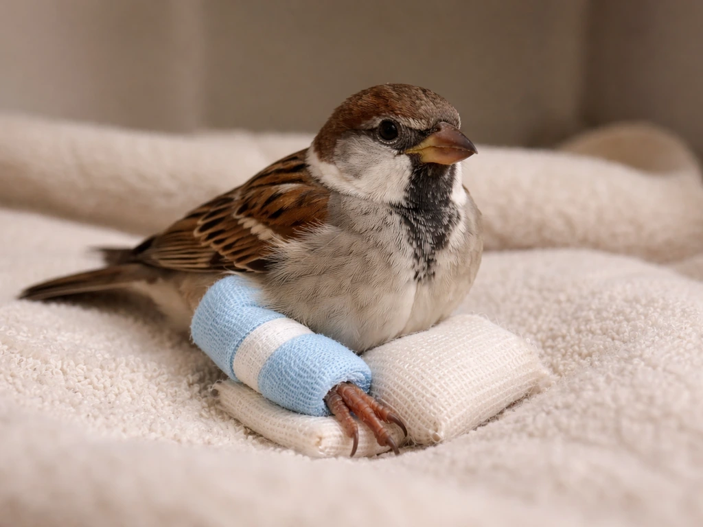 Small bird resting with its injured leg supported in padded bedding, showing relaxed recovery posture.