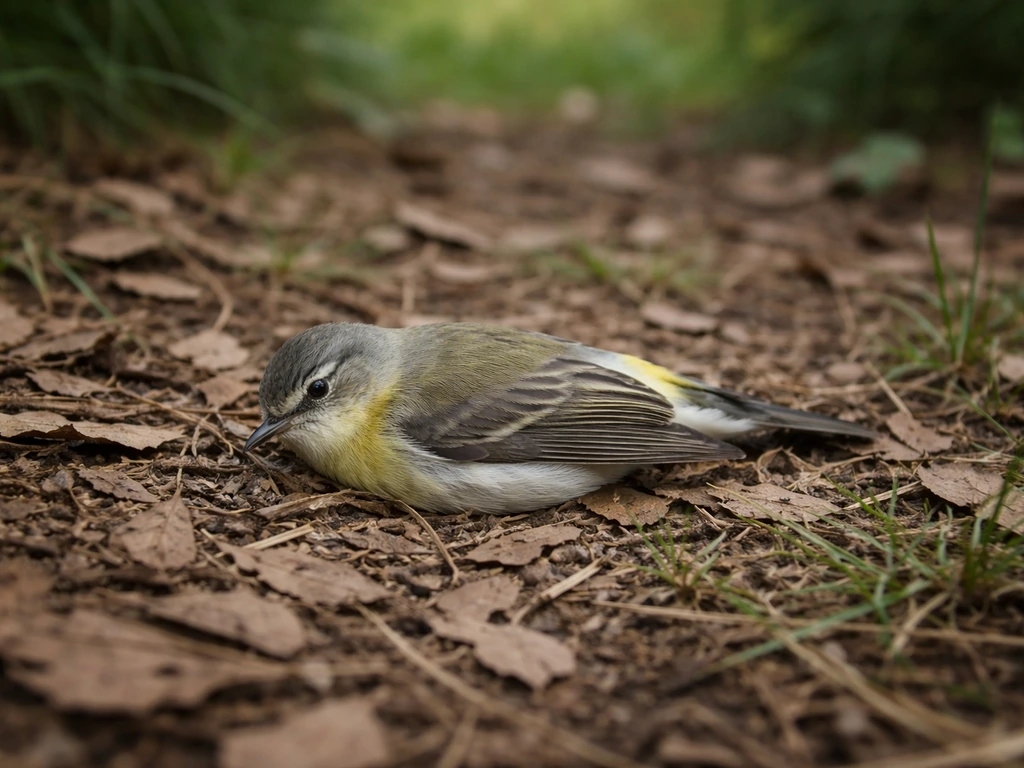 Small wild bird lying on leaves and grass outdoors, no visible injury, somber wildlife scene.