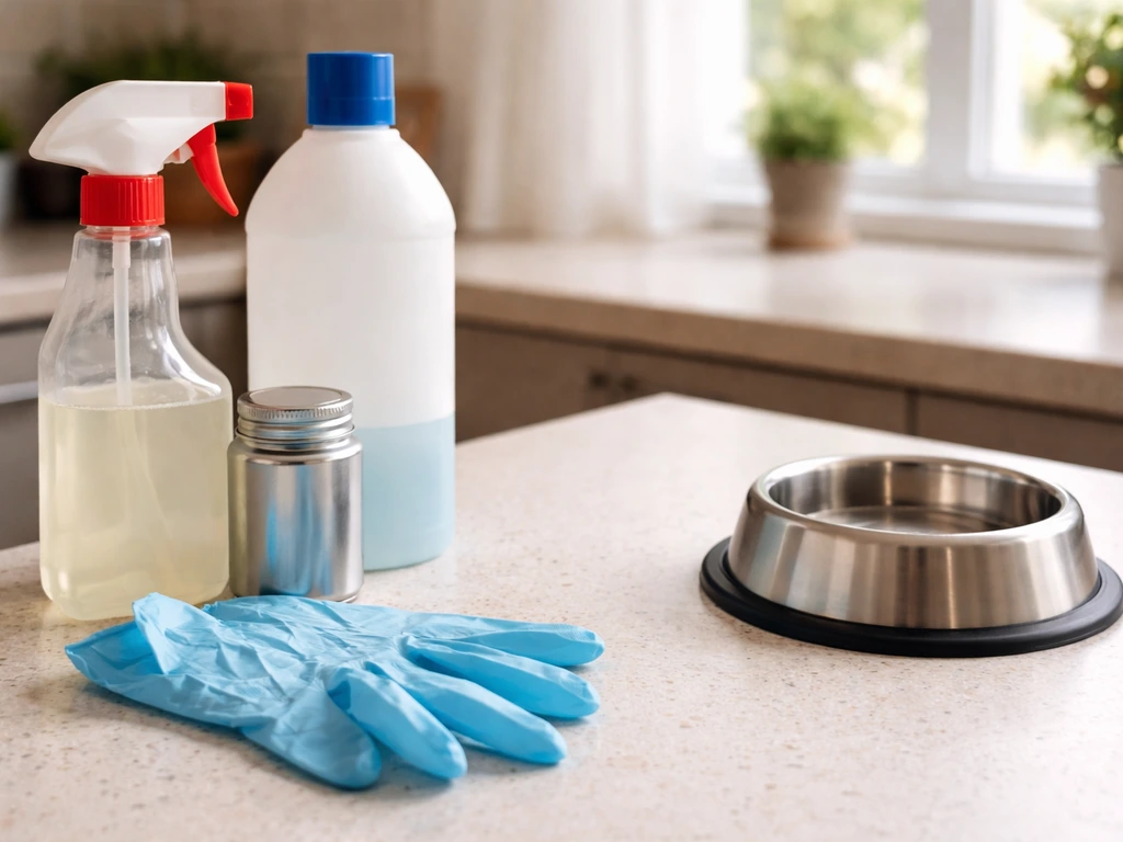 Kitchen counter with unlabeled cleaning bottles, gloves, and an empty water bowl kept apart.