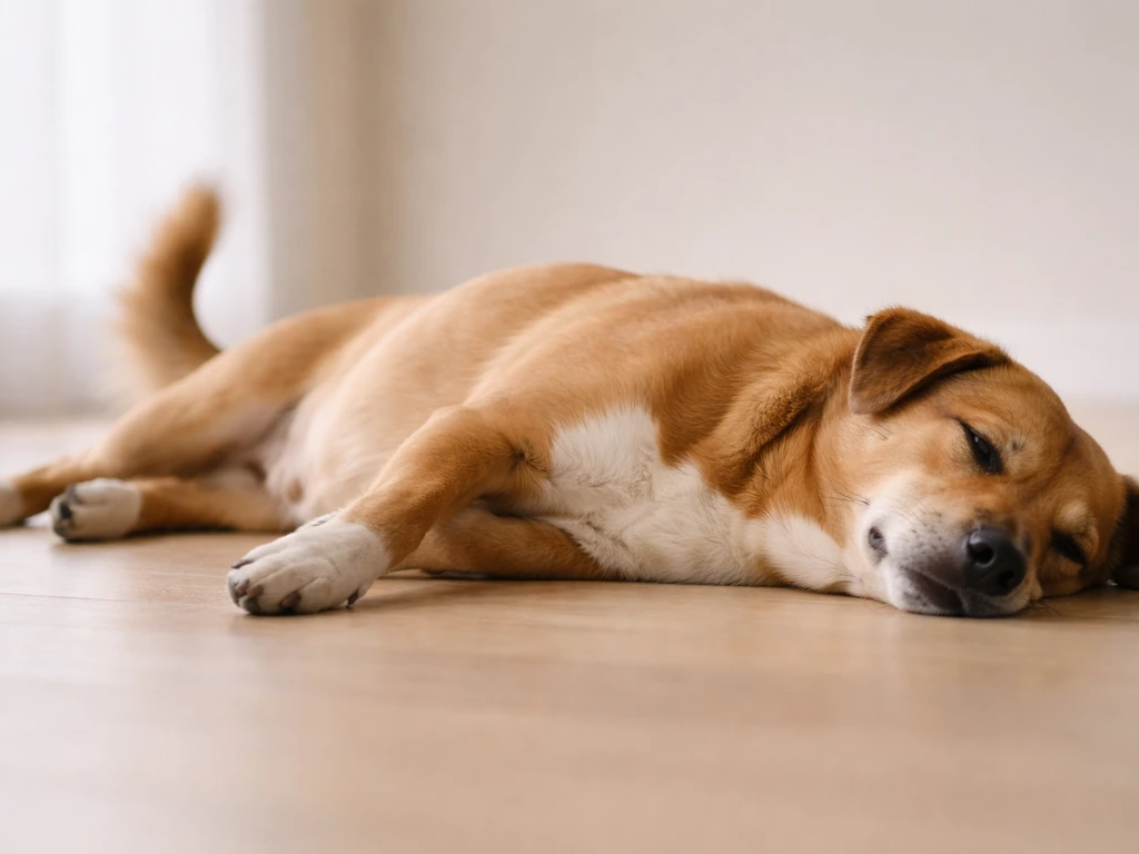Close-up of a healthy dog breathing with subtle chest movement and tail gently bobbing