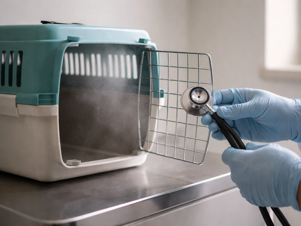Close-up of a veterinarian examining an empty pet bird carrier in a dim clinic room, highlighting respiratory infection.