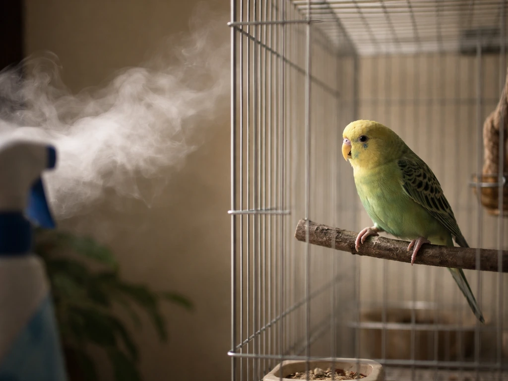 Small bird perched in a cage as faint smoke/haze drifts near, implying exposure to toxic airborne fumes.