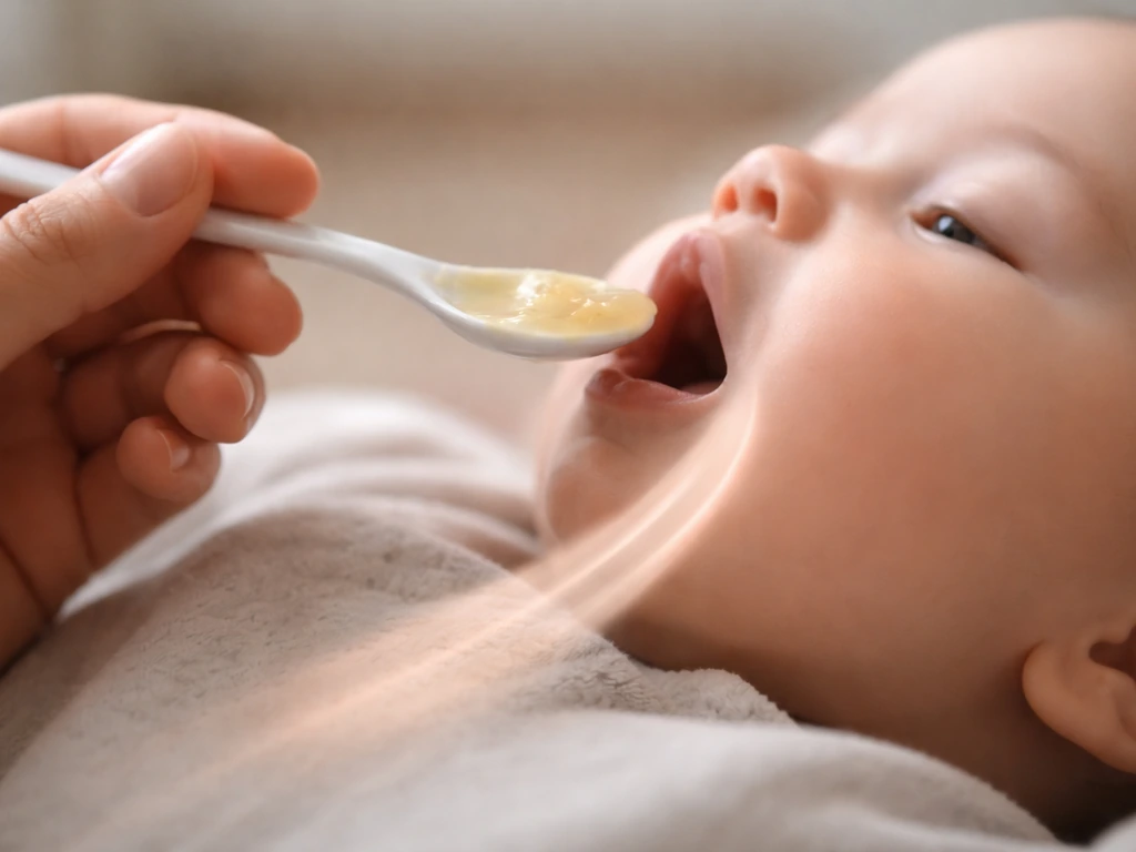 Close-up of hands feeding an infant with a subtle visual cue suggesting misdirected food toward the airway.