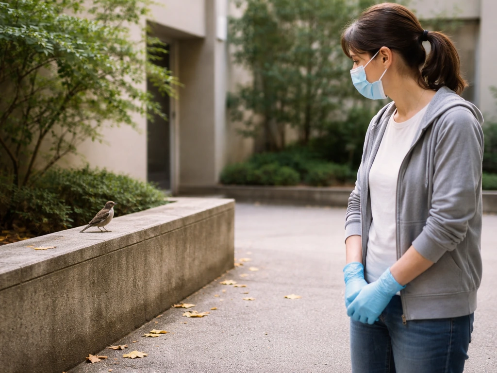 Person wearing gloves carefully observes a bird in a clean outdoor area, avoiding droppings