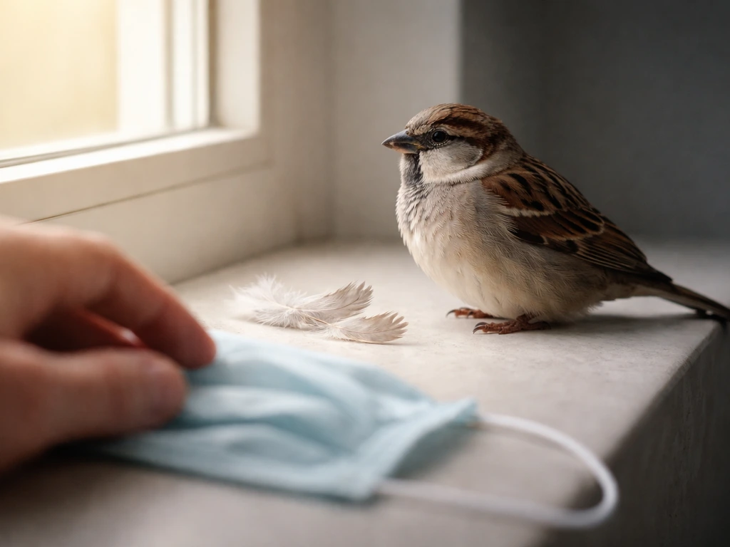 Close-up of a bird feather and a person’s hand near a window, emphasizing potential respiratory exposure