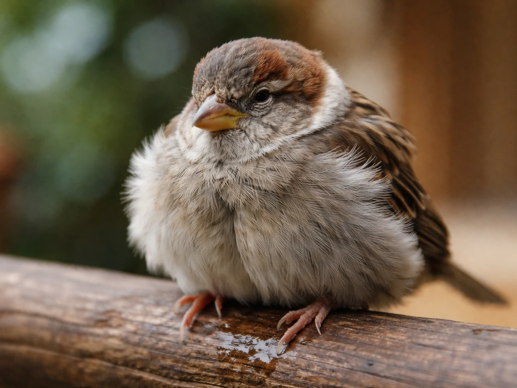Close-up of a small bird on a perch with fluffed feathers and watery droppings, looking lethargic