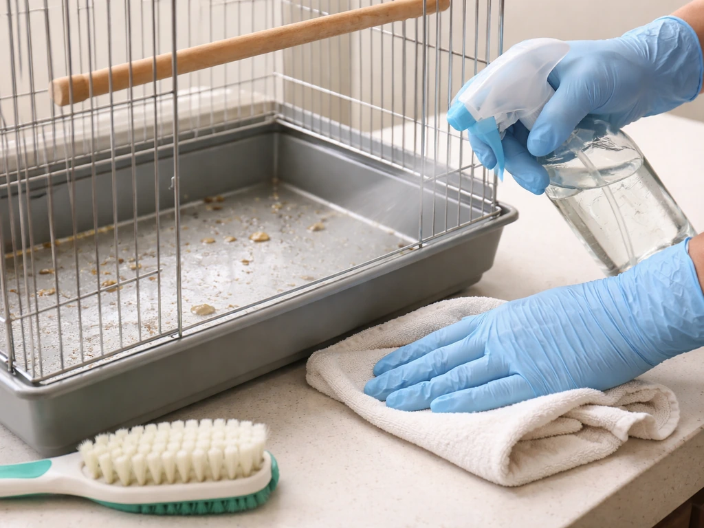 Gloved hands wetting and wiping a bird cage area with damp droppings and cleaned utensils visible