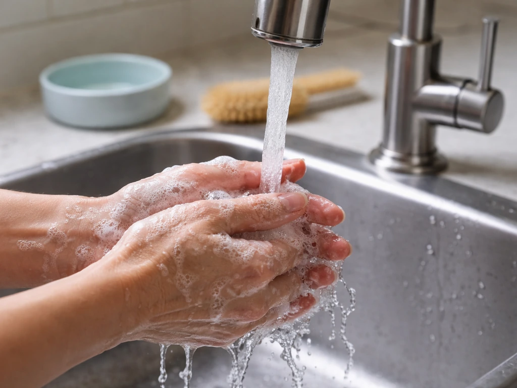 Close-up of hands washing with soap at a kitchen sink after handling a bird setup.