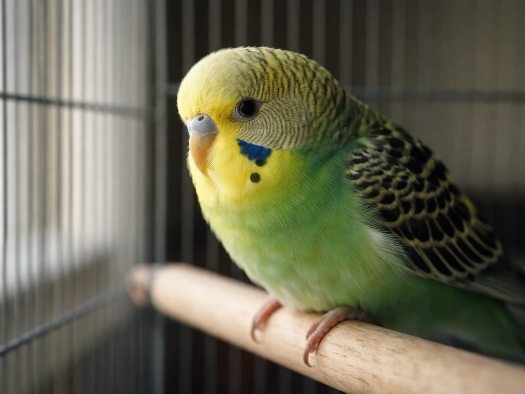 Close-up of a pet bird in a cage, gently alert as an owner observes posture and breathing