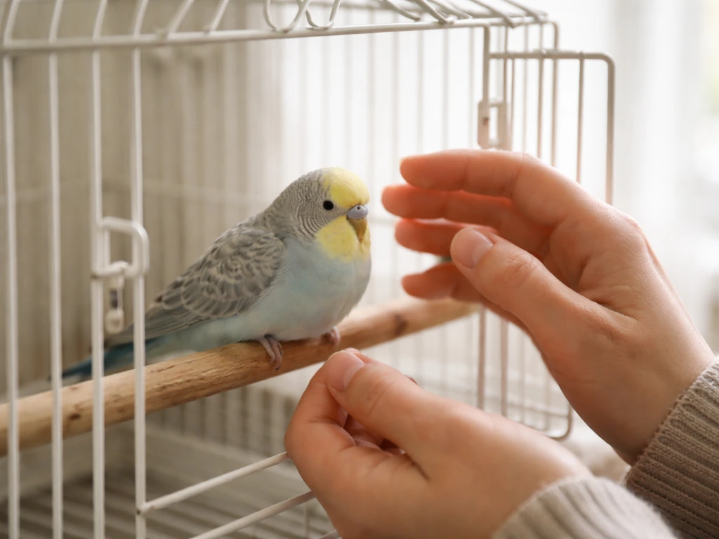 Person gently checking a small pet bird’s posture while it sits calmly on a perch in a quiet room