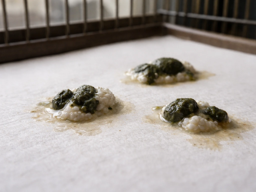 Close-up of bird droppings on cage paper showing dark feces, pale urates, and clear urine.