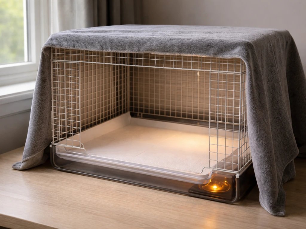 Warm quiet hospital cage setup for an at-home bird recovery, with heat source and clean paper bedding.