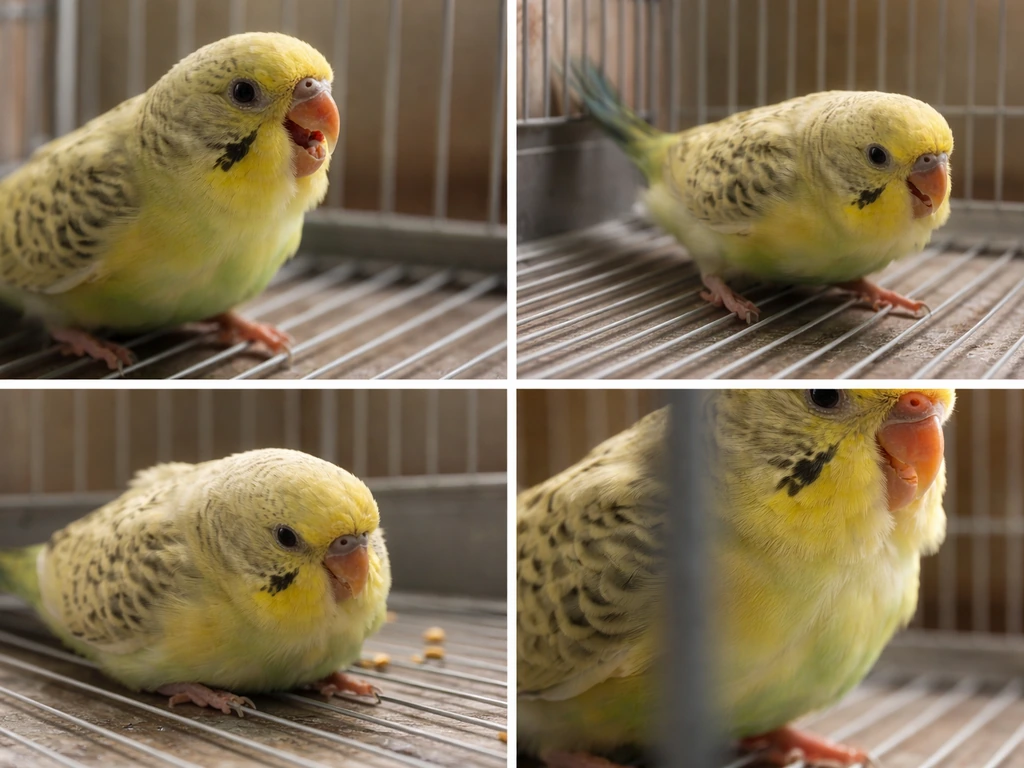 Small pet bird in a simple cage shown in four frames, signaling open-mouth breathing, weakness, and tail bobbing.
