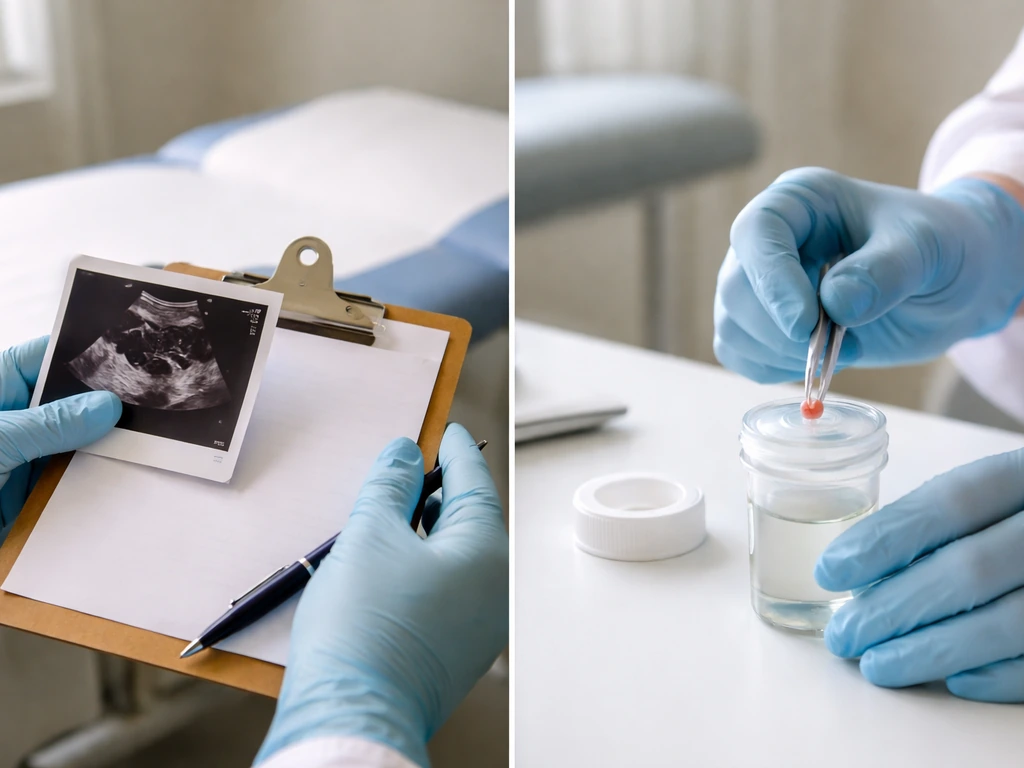 Side-by-side clinical hands showing imaging concern versus a sealed specimen for confirmed diagnosis workup.
