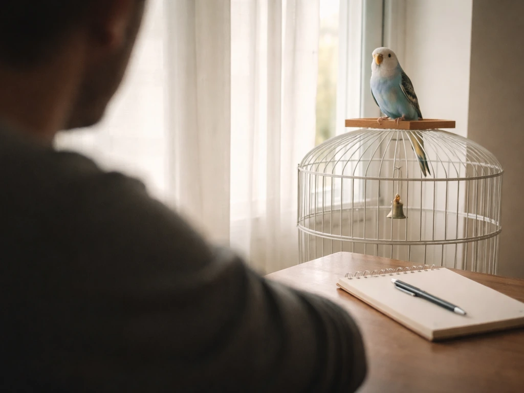 Calm pet bird perched near a window while an owner watches from a short distance with a nearby notepad.