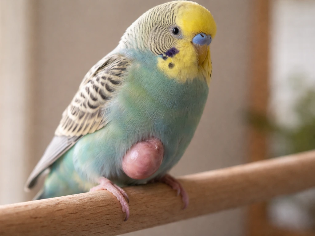 Small domestic parrot perched on a simple perch with a visible firm swelling resembling an abscess.