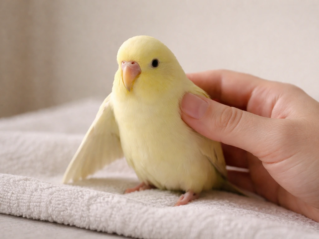 Pet bird with one drooping wing while a caregiver gently supports it on a towel.
