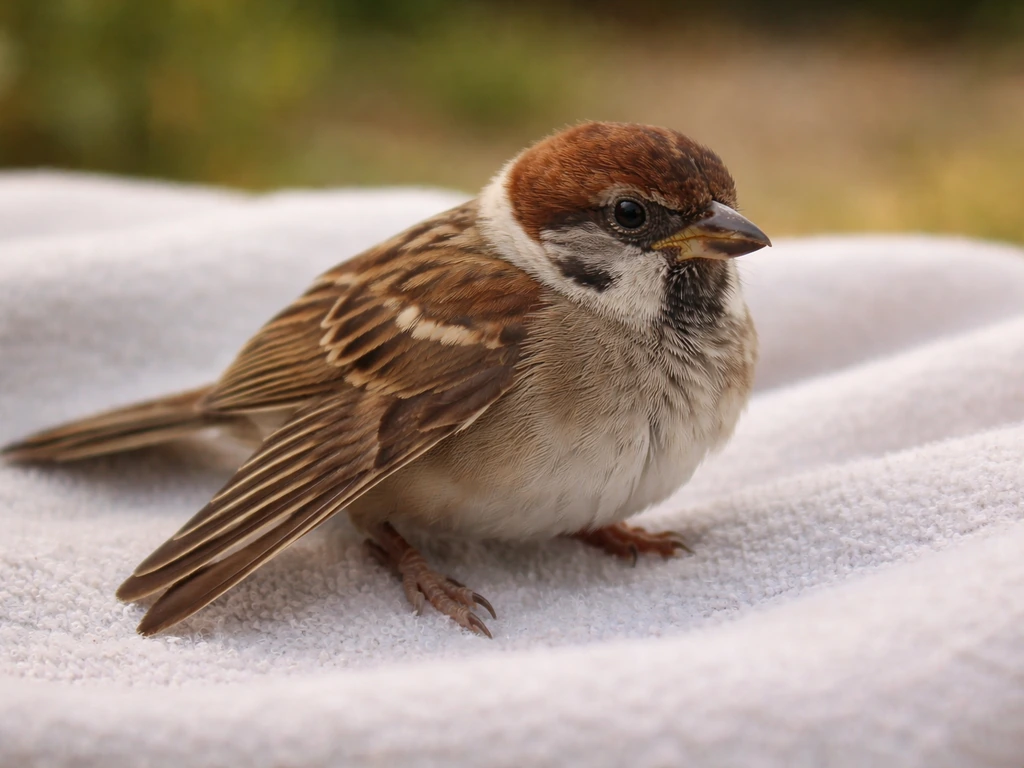 A small bird with one wing drooping lower than the other, showing clear wing asymmetry outdoors