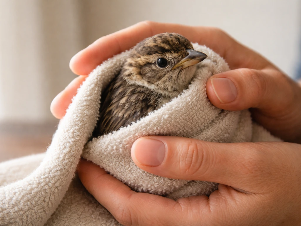Anonymous hands gently wrap a small bird in a towel to keep its wings controlled and still.