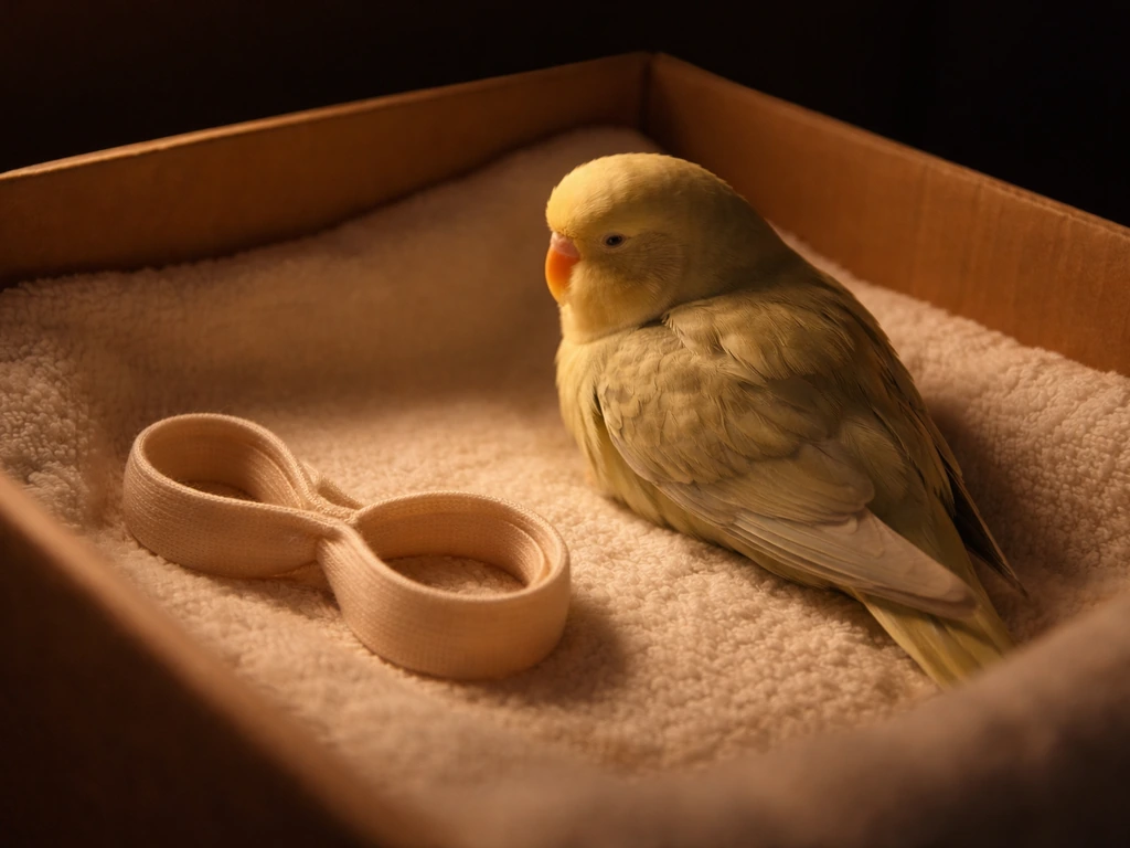 Warm, dark box with a small pet bird and a gentle figure-eight wing wrap laid out nearby.