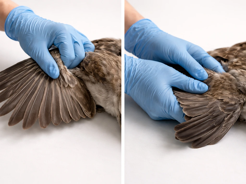 Gloved hands force-straightening an injured bird wing on a clean surface, illustrating incorrect first-aid handling.
