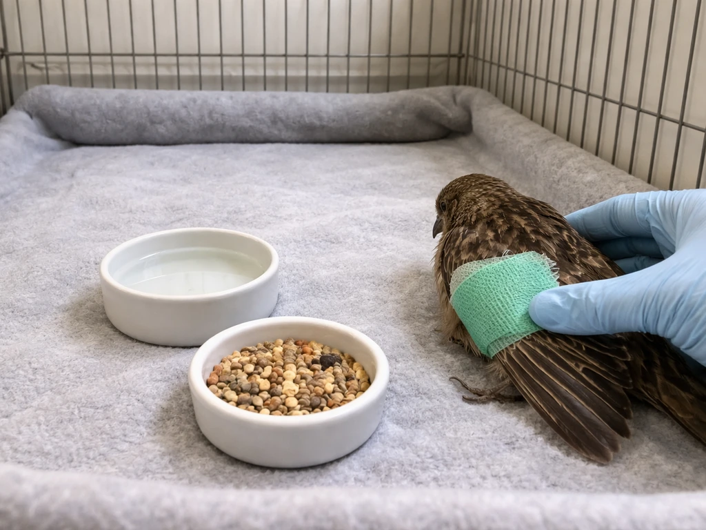 Small recovery enclosure with food and water on the floor and a visible bandage check on a wing