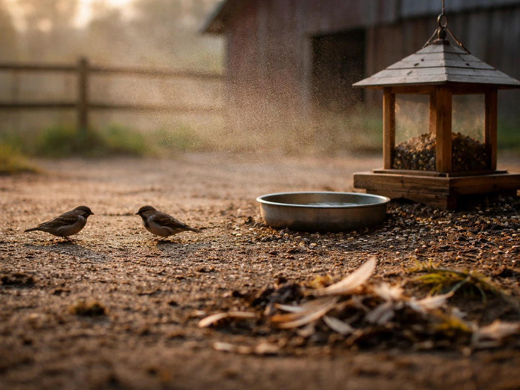Minimal photo showing four distinct cues of bird virus spread: contact, contaminated feeder/water, airborne droplets, an