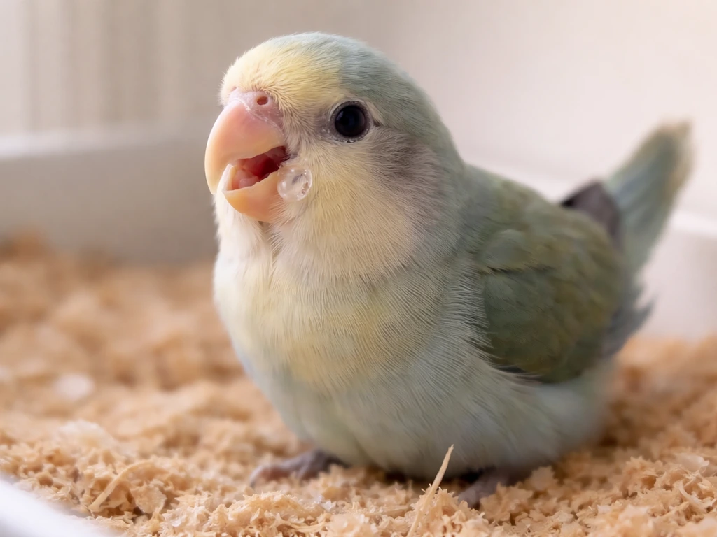 Close-up of an ill bird showing open-mouth breathing, tail bobbing posture, and mild clear nasal discharge.